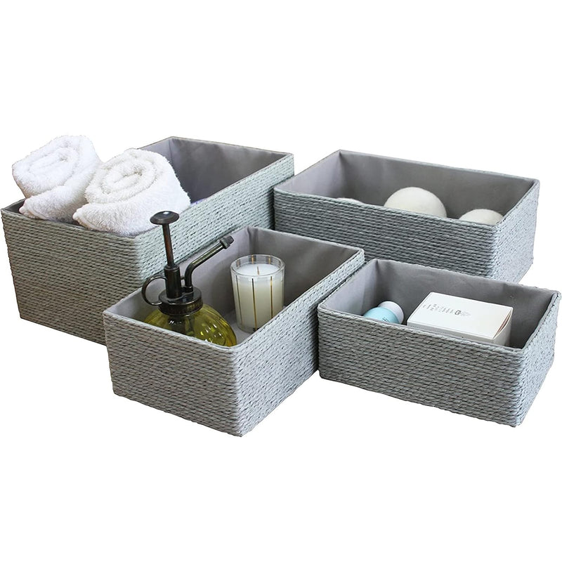 Storage Baskets Set 4 - Stackable Woven Basket Paper Rope Bin, Storage Boxes For