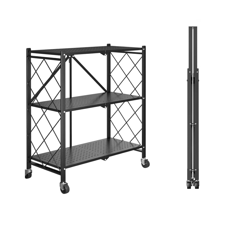 3-Shelf Foldable Storage Shelves With Wheels, Metal Shelves Heavy Duty Large Cap