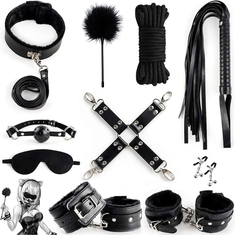 Sex Bondage Kit For Women: 10 Pcs Restraint Leather Set Sex Toy With Sex Blindfold Handcuffs And Ankle Cuffs Bdsm Whip Sex Rope, Bondage Restraint Kits For Couples Sm Games, Restraint Set For Sex