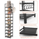 Tall Narrow Shoe Rack for Entryway, 10-Tier Sturdy Metal Shoe Shelf Storage 10-15 Pairs of Shoes and Boots, Space Saving Corner Shoe Rack Organizer for Closet,Doorway,Garage,Living Room