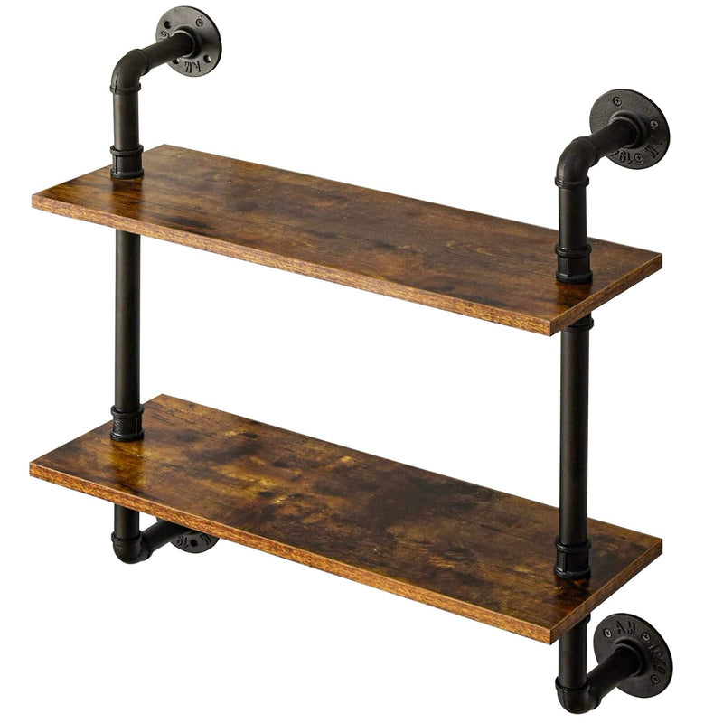 Industrial Pipe Shelf Bracket, 2 Tiers Retro Wall Mounted Floating Shelf, Wood D