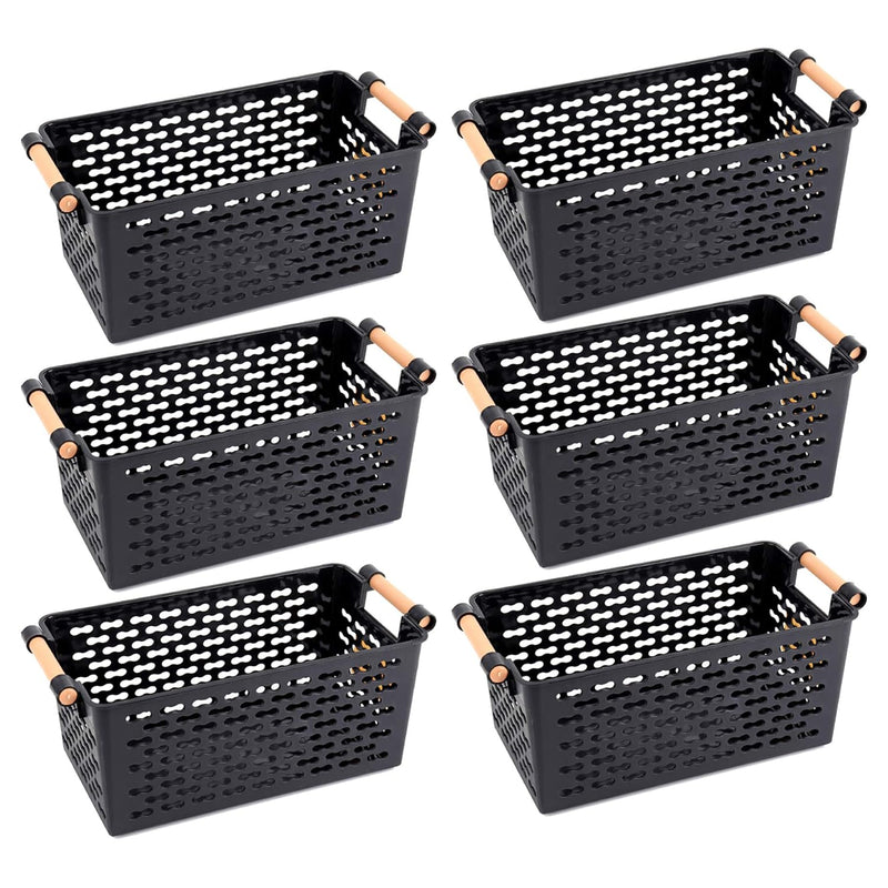 6 Pack Plastic Storage Basket, Black Basket Organizer Bin With Handles For Home