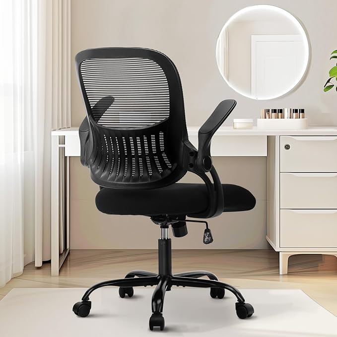 Office Computer Desk Chair, Ergonomic Mid-Back Mesh Rolling Work Swivel Task Chairs with Wheels, Comfortable Lumbar Support, Comfy Flip-up Arms for Home, Bedroom, Study, Student, Black