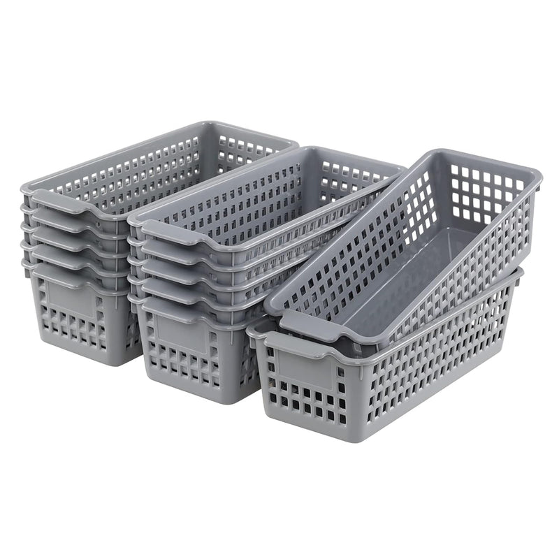 12 Pack Narrow Baskets For Storage, Grey Small Plastic Storage Baskets