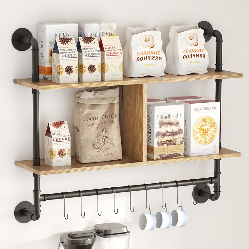 Floating Pipe Shelves Coffee Bar Shelf With 9 Adjustable Hooks For Mugs Cooking