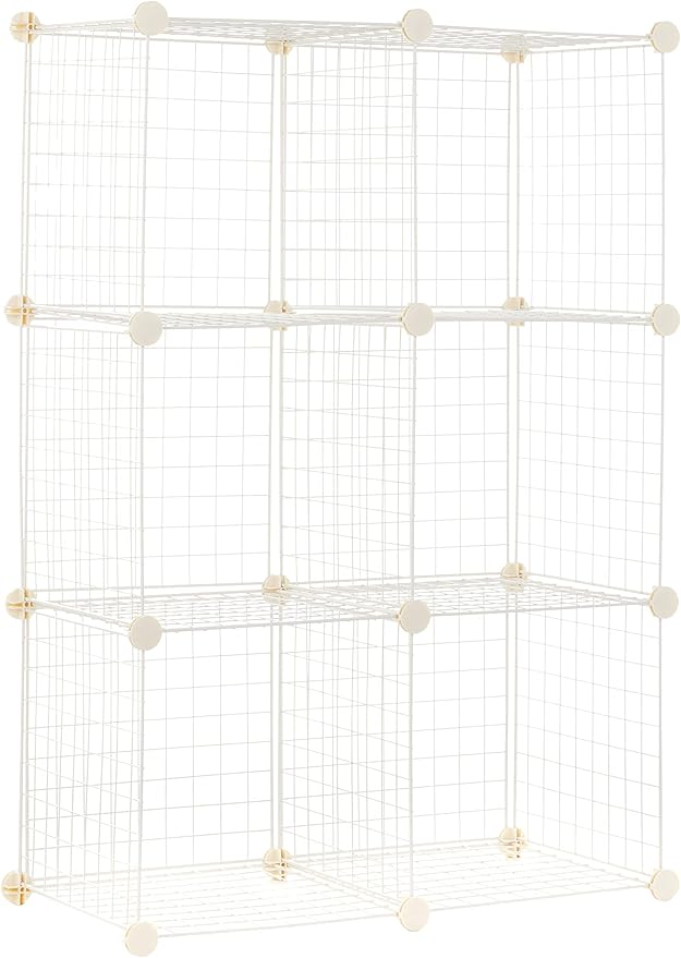 6 Cube Wire Grid Storage Shelves, Stackable Cubes, White, 14.6" D x 30.3" W x 44.8" H