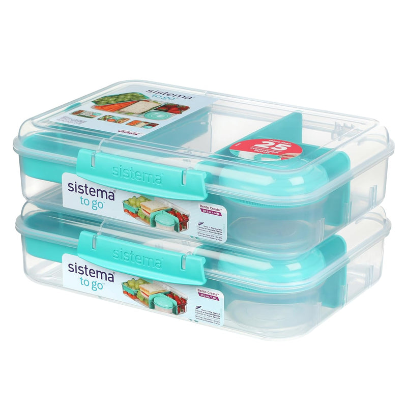 Bento Create To Go™ 6-Cup Food Storage Container Bento Box with Lid and Dividers, 2 pack, Minty Teal