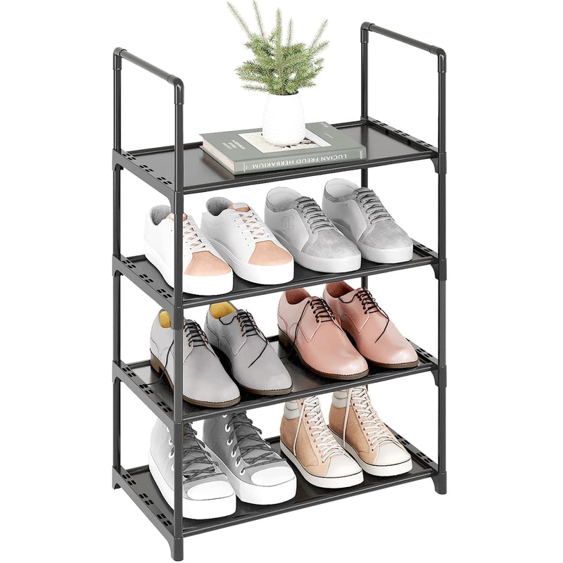 Upgrade Stackable Small Shoe Rack, 4-Tier Shoe Shelf Storage Organizer With Hand