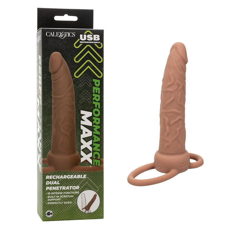 Performance Maxx Rechargeable Dual Penetrator Cock Ring Butt Plug - Brown - Se-1634-06-3