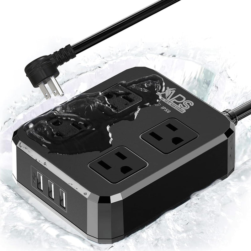 Outdoor Power Strip Weatherproof, Waterproof Surge Protector with 4 Wide Outlet with 3 USB Ports, 6FT Long Extension Cord,1875W Overload Protection，Outlet Extender for Christmas Lights ETL Black