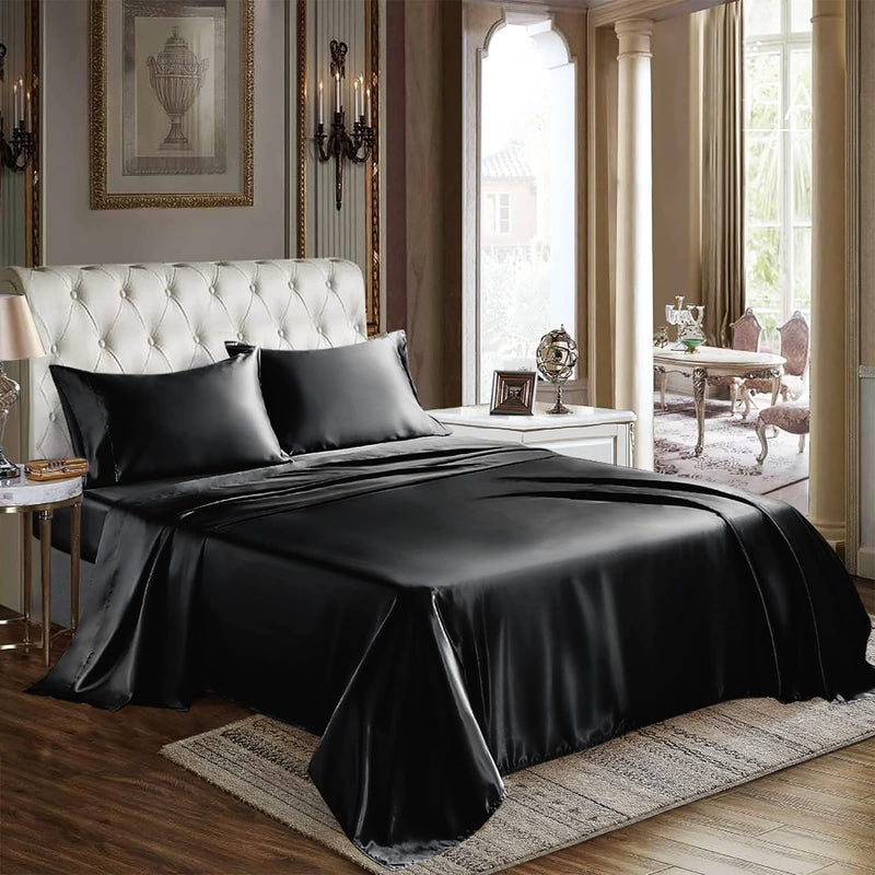 Satin Sheets Queen Size 4-Pieces Silky Sheets Microfiber Black Bed Sheet Set With 1 Deep Pocket Fitted Sheet, 1 Flat Sheet And 2 Pillowcases, Smooth And Soft