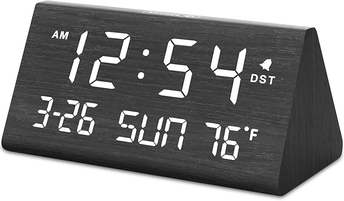 Digital Alarm Clocks for Bedrooms - Wooden Desk Clock with Date, Day of Week, USB Port, Temperature, Dimmer for Bedside Table, Living Room, Office, Adjustable Volume, Auto DST, Wood Decor