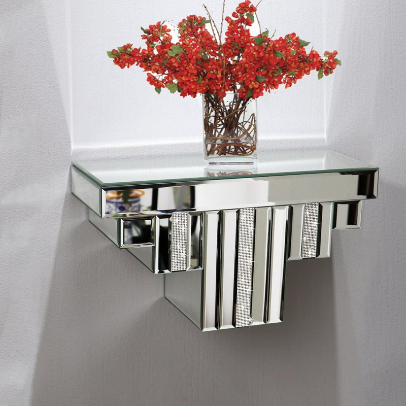 Mirrored Floating Wall Shelf, Silver Mirror Crushed Diamond Decorative Wall Shel