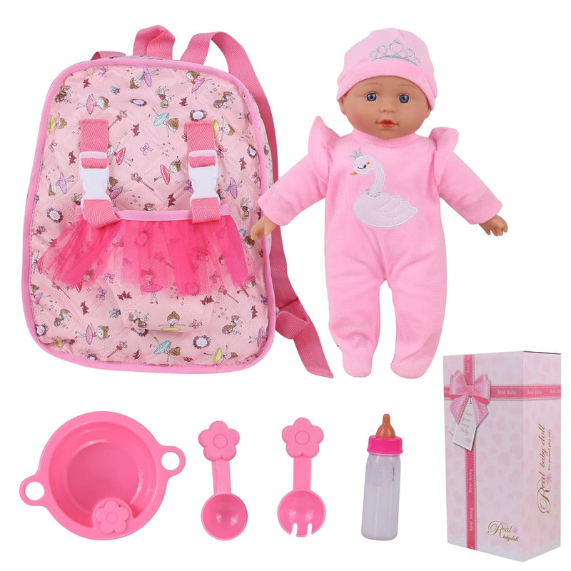 13" Soft Baby Doll With Take Along Pink Doll Backpack Carrier, 6 Piece Play