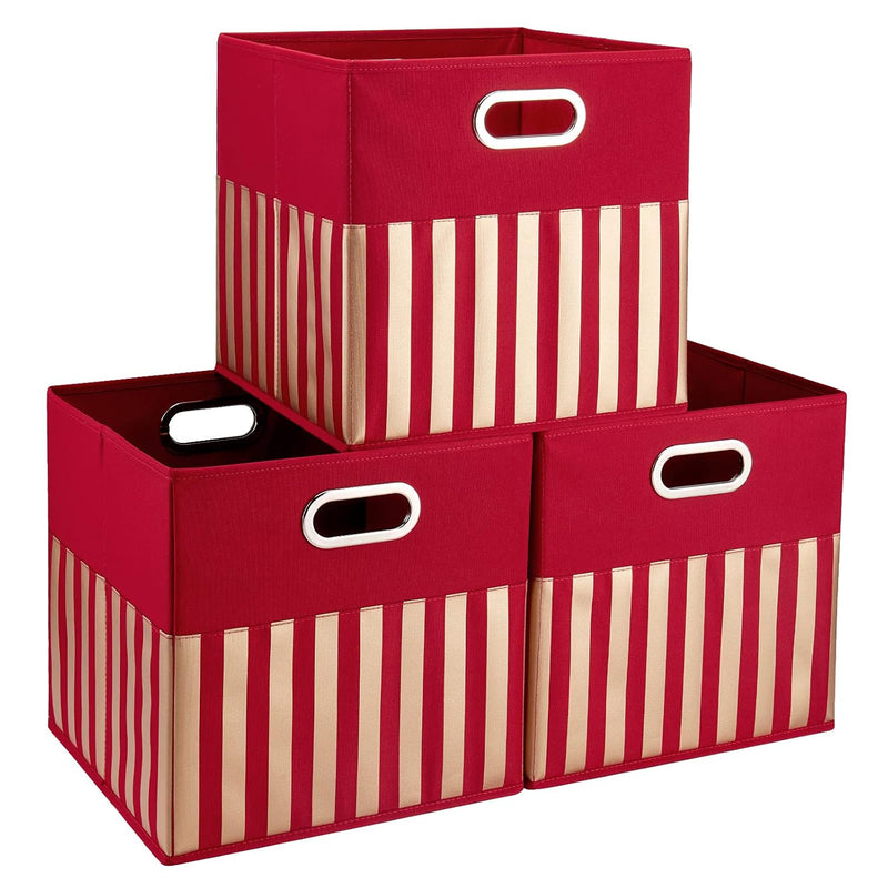 Fabric Storage Cube Bins 13X13X13 Inch Foldable Boxes Red Cloth Basket With Gold