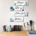 4 Pieces Blue Flower Wall Decor For Bedroom, Accept-Let go-Have faith-Believe Wooden Inspirational Wall Art Decorations for Living Room Bathroom,Rustic Wooden Farmhouse Home Decor, 12 x 4 Inch