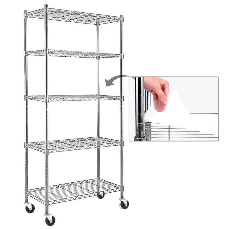 Efine Chrome 5-Shelf Shelving Unit On 3'' Wheels With Shelf Liners Set Of 5 Nsf