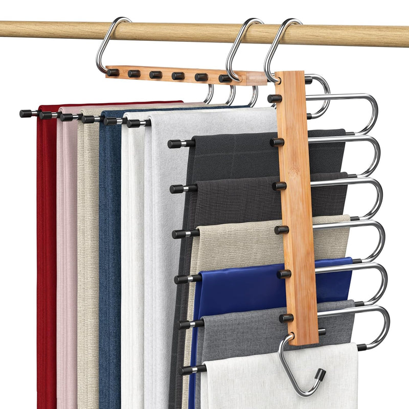 Multi Pants Hangers Space Saving - Bamboo Closet Pants Organizer Hangers For Pan