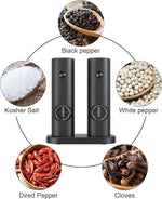 Electric Pepper and Salt Grinder Set, Battery Powered Adjustable 5 Levels of Coarseness Black Pepper Grinder Mill with Stand, Automatic Grinding with LED Light for BBQ Resturant Kitchen-2 Pack