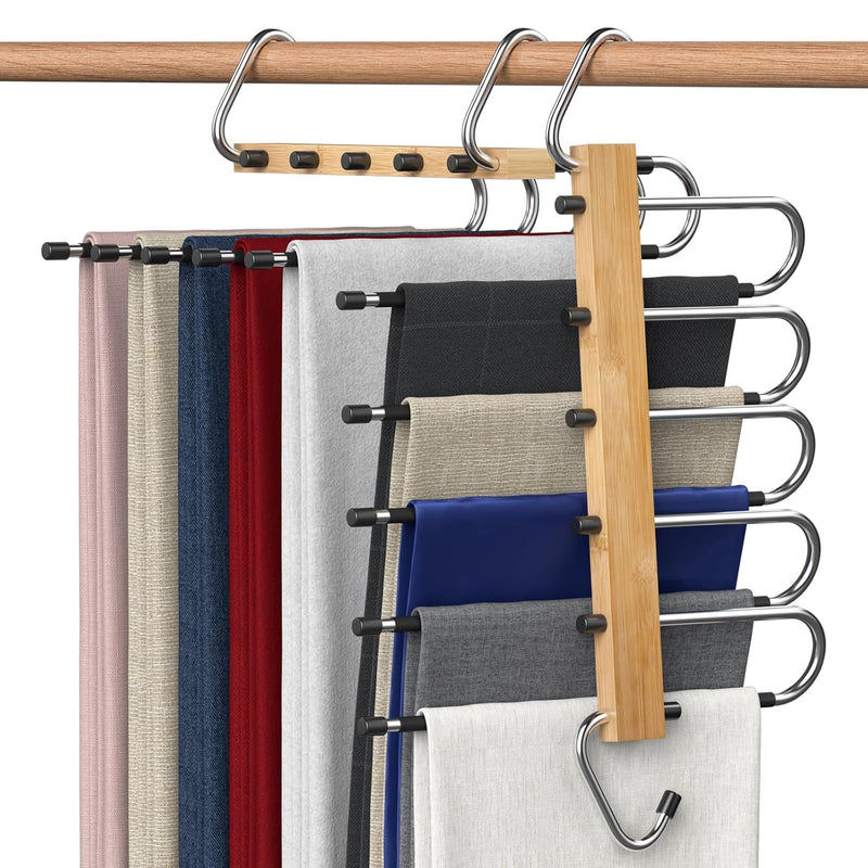 Bamboo Multi Pants Hangers Space Saving 2 Pack, Closet Pants Organizer Hangers F