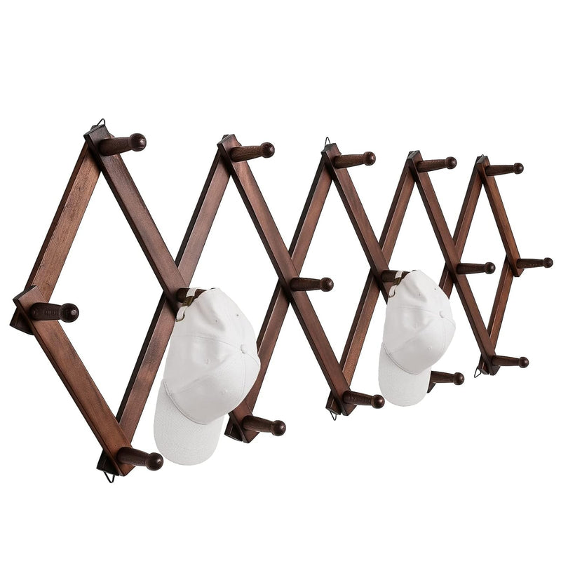 Hat Rack For Wall, Expandable Coat Rack With 16 Hooks, 16-Inch Wooden Wall Rack