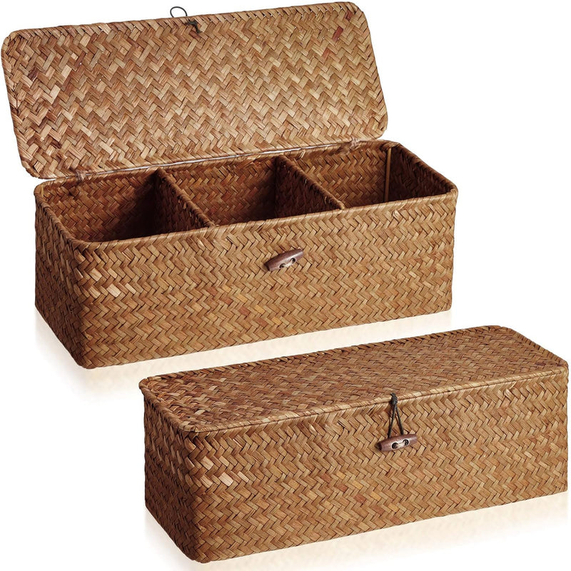 2 Pieces Seagrass Baskets With Lid, Rectangular Hand Woven Wicker Bin Storage Bo