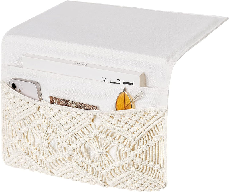 Macrame Bedside Caddy Storage Organizer Boho Remote Control Tablet Magazine Holder with 4 Pockets Non-slip Countertop Bedside Caddy for Home Bedroom Living Room College Dorm Bed, Ivory