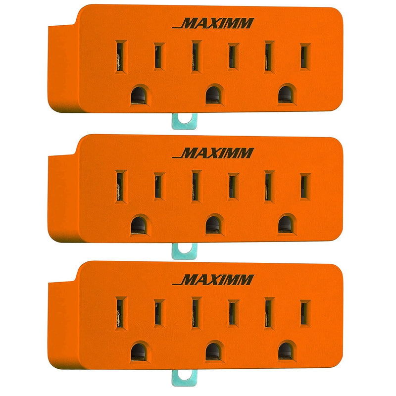 (3-Pack) 3 Outlet Grounding Adapter With Grounding Plug Orange, Turn 2-Prong O