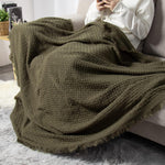 Green Throw Blanket For Couch - Soft Fall Farmhouse Boho Throws, Cozy Waffle Knit Small Lightweight Blankets And Throws With Tassels For Home Decor,Bed,Chair,Sofa (Olive Green,50*60 Inches)