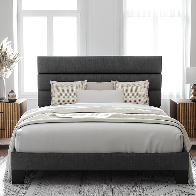 Queen Size Platform Bed Frame with Fabric Upholstered Headboard and Wooden Slats Support, Fully Upholstered Mattress Foundation/No Box Spring Needed/Easy Assembly, Dark Grey