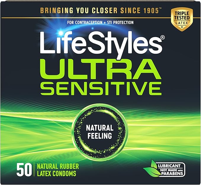 Ultra Sensitive Premium Lubricated Natural Latex Condoms Value Pack - 50 Count, 1 Pack - Triple Tested for Best Protection, Made with UltraGlide Silicone Lube