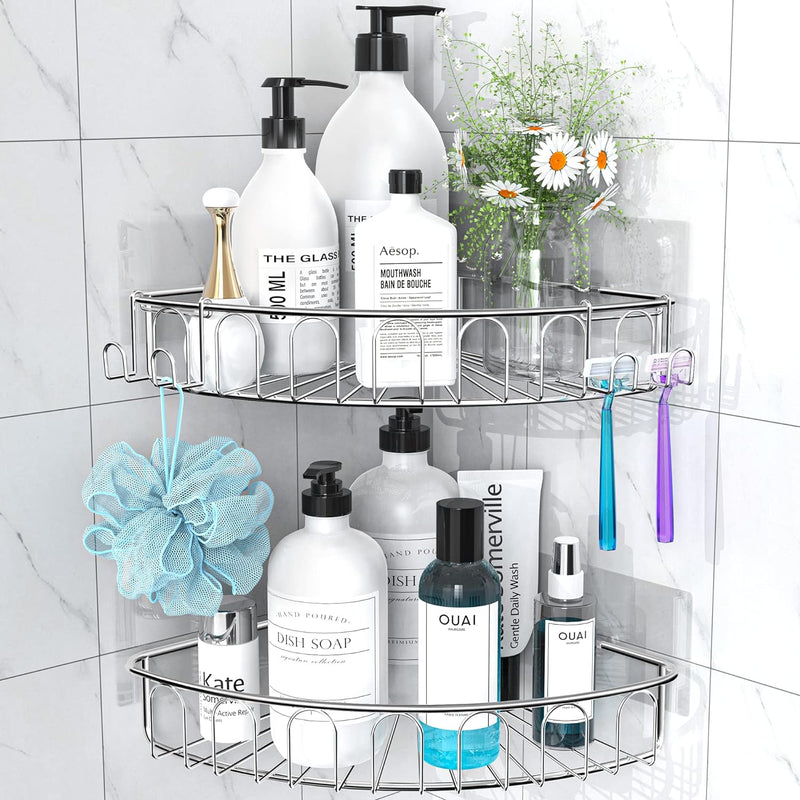 Corner Shower Caddy Stainless Steel with Hooks Wall Mounted Bathroom Shelf Storage Organizer Adhesive No Drilling 2 Pack, Silver Only for 90-Degree Corner