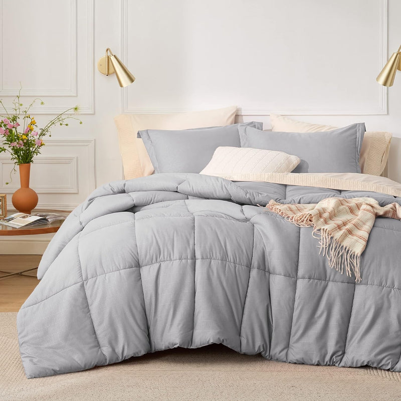 Twin Comforter Set - Grey Basket Weave Down Alternative Comforter Set Twin/Twin Xl Size, Lightweight All Season Bedding Set With 1 Pillow Sham