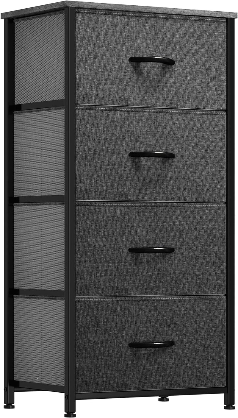 Storage Tower with 4 Drawers - Fabric Dresser, Organizer Unit for Bedroom, Living Room, Closets - Sturdy Steel Frame, Easy Pull Fabric Bins & Wooden Top (Black/Grey)