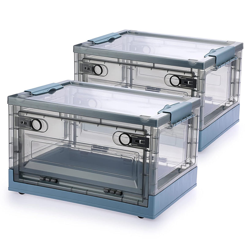 2 Pack Collapsible Storage Bins With Double Side Doors , 20 L Clear Plastic Fold