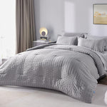 Full Bed In A Bag Light Grey Seersucker Textured Comforter Set With Sheets 7-Pieces All Season Bedding Sets With Comforter, Pillow Sham, Flat Sheet, Fitted Sheet And Pillowcase