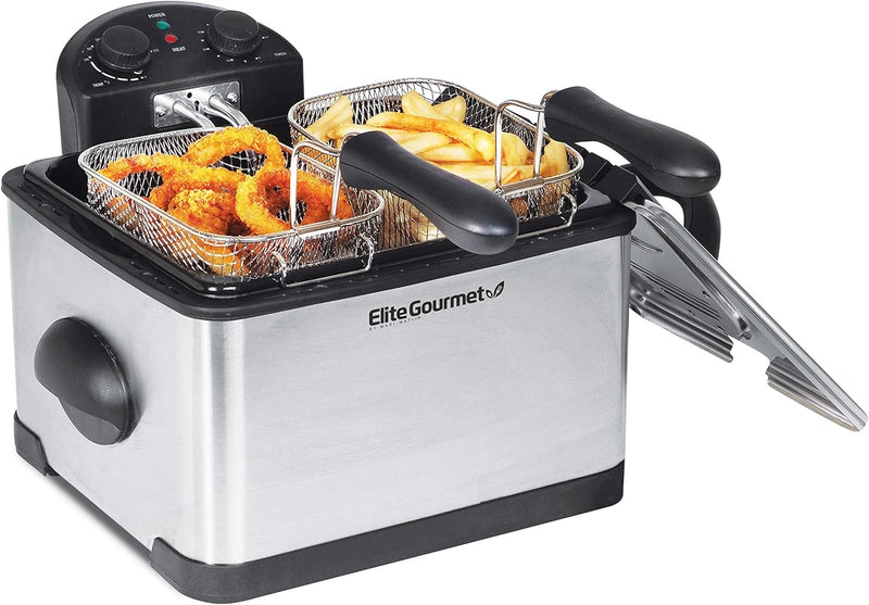 Electric Immersion Deep Fryer 3-Baskets, 1700-Watt, Timer Control, Adjustable Temperature, Lid with Viewing Window and Odor Free Filter, Stainless Steel and Black