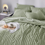 Full Seersucker Comforter Set With Sheets Sage Green Bed In A Bag 7-Pieces All Season Bedding Sets With Comforter, Pillow Sham, Flat Sheet, Fitted Sheet, Pillowcase