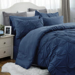 California King Comforter Set - Cal King Bed Set 7 Pieces, Pinch Pleat Navy Blue Cali King Bedding Set With Comforter, Sheets, Pillowcases & Shams