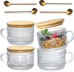 4pcs Set Vintage Coffee Mugs gifts for women, Overnight Oats Containers with Bamboo Lids and Spoons - 14oz Clear Embossed Glass Cups, Cute Coffee Bar Accessories, Iced Coffee Glasses