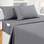 Full Sheet Set – Soft Microfiber 4 Piece Luxury Bed Sheets With Deep Pockets - Embroidered Pillow Cases - Side Storage Pocket Fitted Sheet - Flat Sheet (Grey)