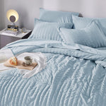 Full Seersucker Comforter Set With Sheets Light Blue Bed In A Bag 7-Pieces All Season Bedding Sets With Comforter, Pillow Sham, Flat Sheet, Fitted Sheet, Pillowcase