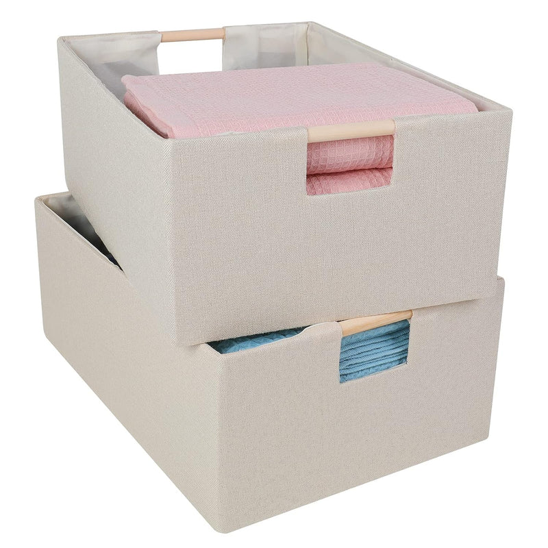 2Pcs Storage Bins Set Large Foldable Cotton Linen Fabric Storage Baskets Box Wit