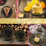 Round Disposable Paper Plates for All Occasions Golden Dots Paper Plates - 100 Pack - 50 x 9" and 50 x 7" Dinner Plates, Foil Polka Dots Disposable Paper Plates Black and Gold Party Supplies Plates