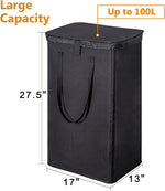 100L Laundry Hamper with Lid, Large Foldable Laundry Basket with 2 Removable Bags and Handles, Tall Collapsible Dirty Clothes Hamper for Laundry Room, Bathroom, Dorm (Black)