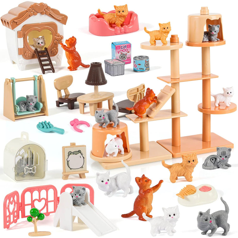 43 Pcs Pet Pretend Play Toys, Cat Figures Playset Toy For Kids Creative Diy