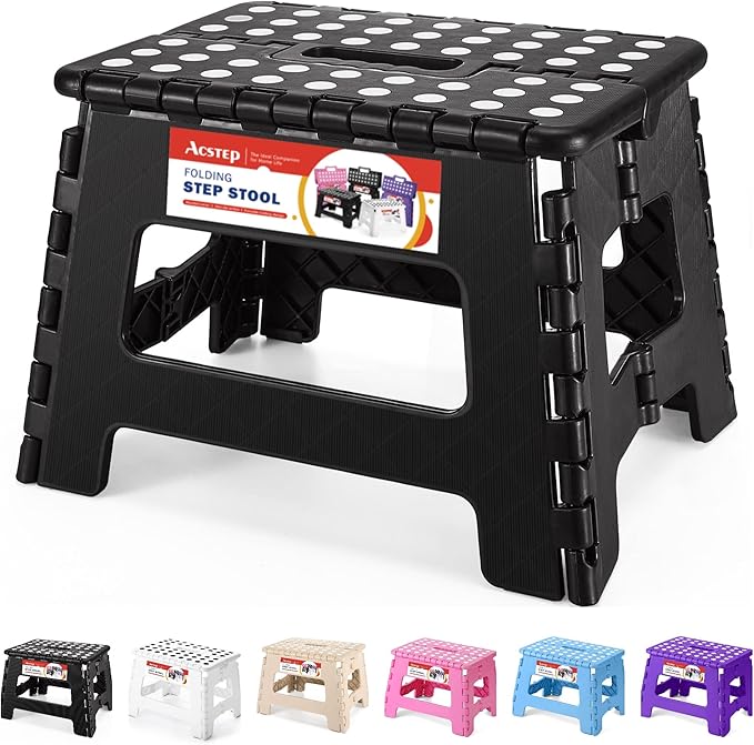 Folding Step Stool 9'' Tall Kids Step Stool Holds Up to 300 lb Plastic Foldable Step Stools for Kids Non-Slip Surface with Carry Handle Collapsible Stool for Home, Outdoor and Indoor(Black)