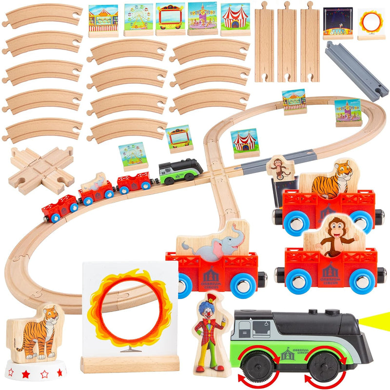 41 Pcs Battery Operated Motorized Light And Sound Circus On Wooden Railway Fig