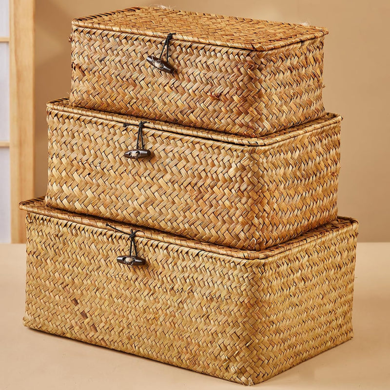 Shelf Baskets With Lid Wicker Baskets With Lids, Nautral Seagrass Storage Basket