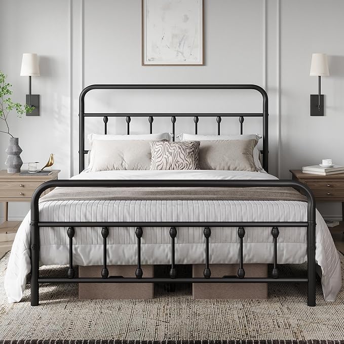 Classic Metal Platform Bed Frame Mattress Foundation with Victorian Style Iron-Art Headboard/Footboard/Under Bed Storage/No Box Spring Needed/Queen Size Black